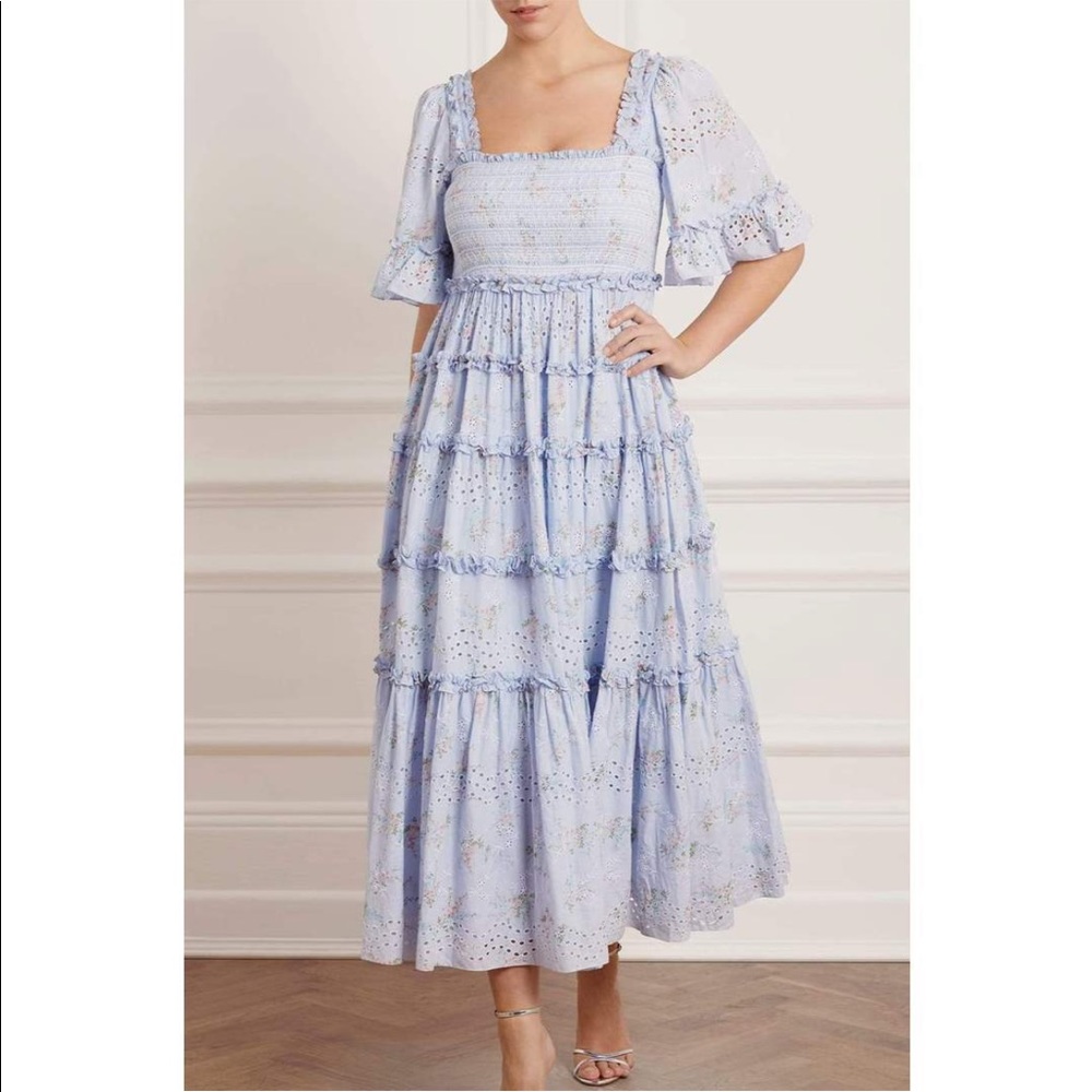 Needle & Thread Light Blue Eyelet Tiered Midi Dress